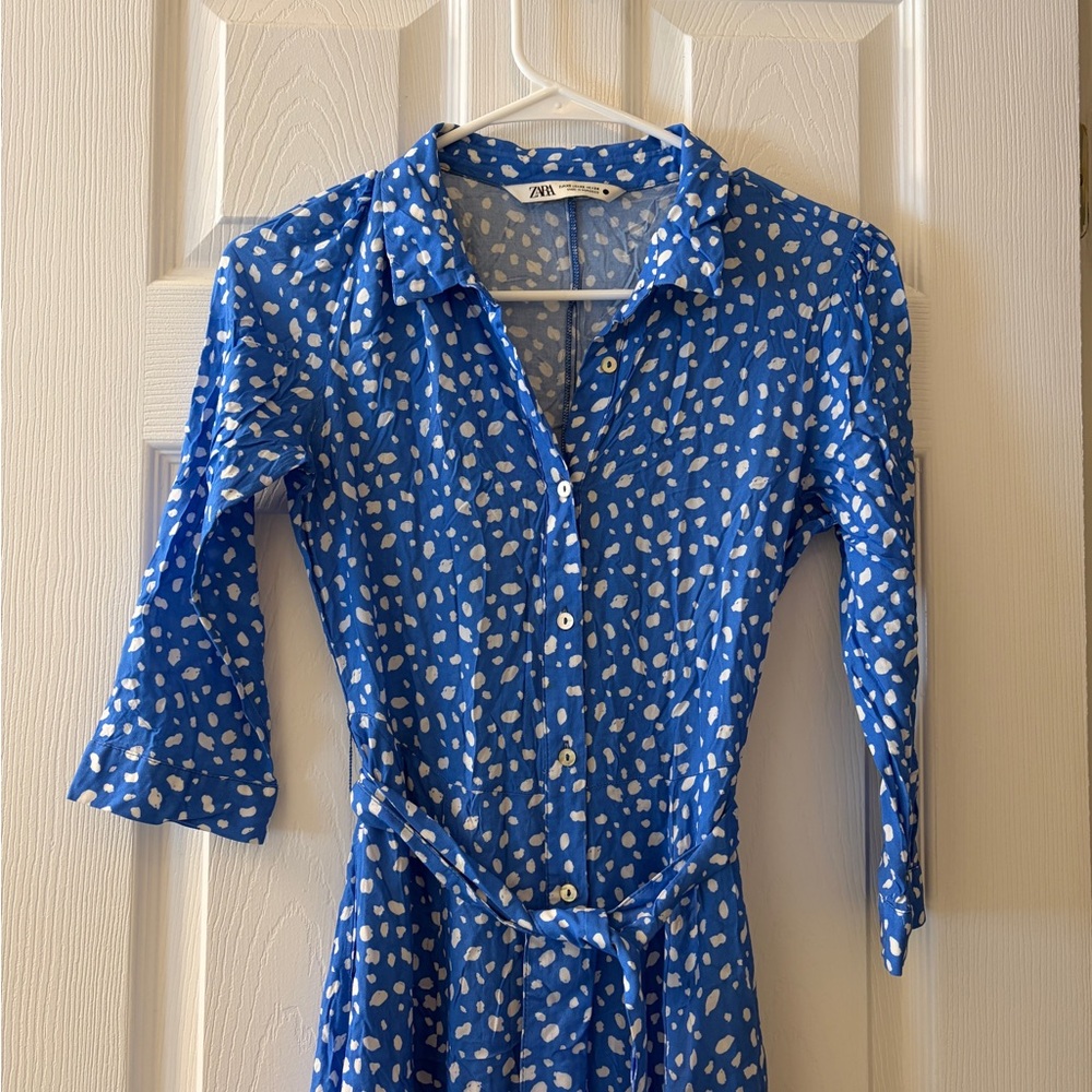 EUC Zara Blue and White Patterned Long Sleeve Dress XS Easter